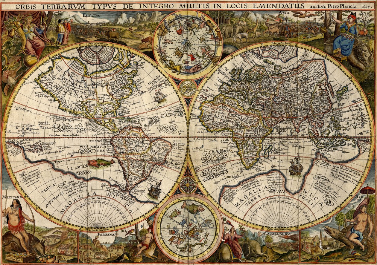 Orbis Terrarum Typus... (Mappa del mondo a doppio emisfero) da Petrus & Doetichum Jan van younger Plancius