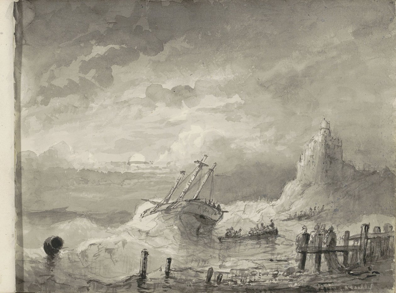 Nave in difficoltà davanti a una costa da Petrus Johannes Schotel (circle of)
