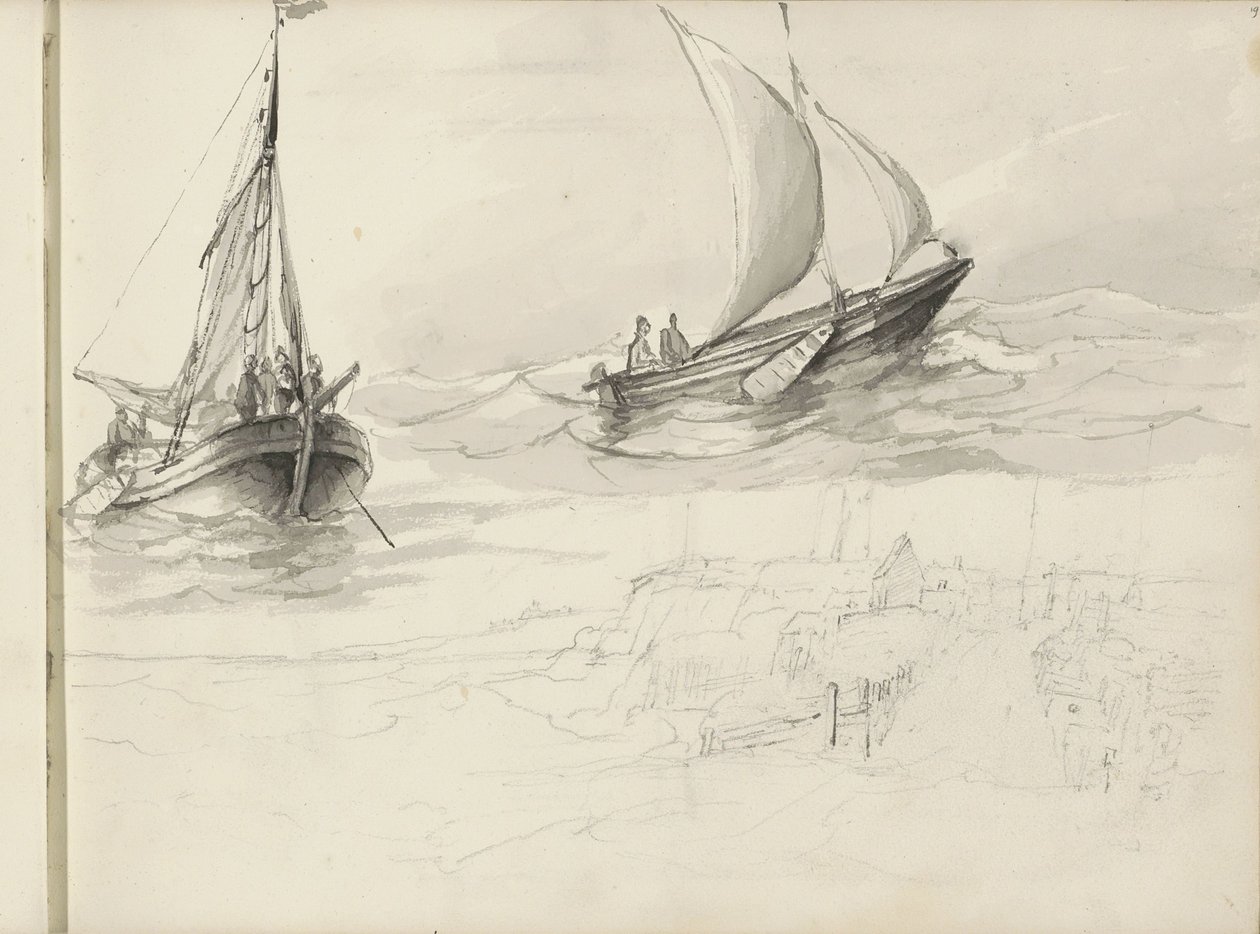 Due barche a vela con figure in mare da Petrus Johannes Schotel (circle of)