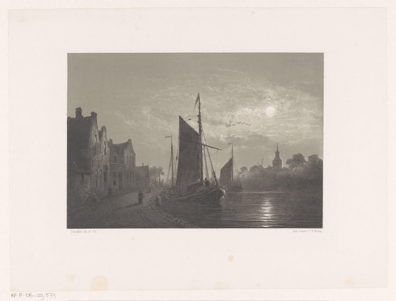 Barche a vela lungo un molo al chiaro di luna da Petrus Paulus Schiedges (I)