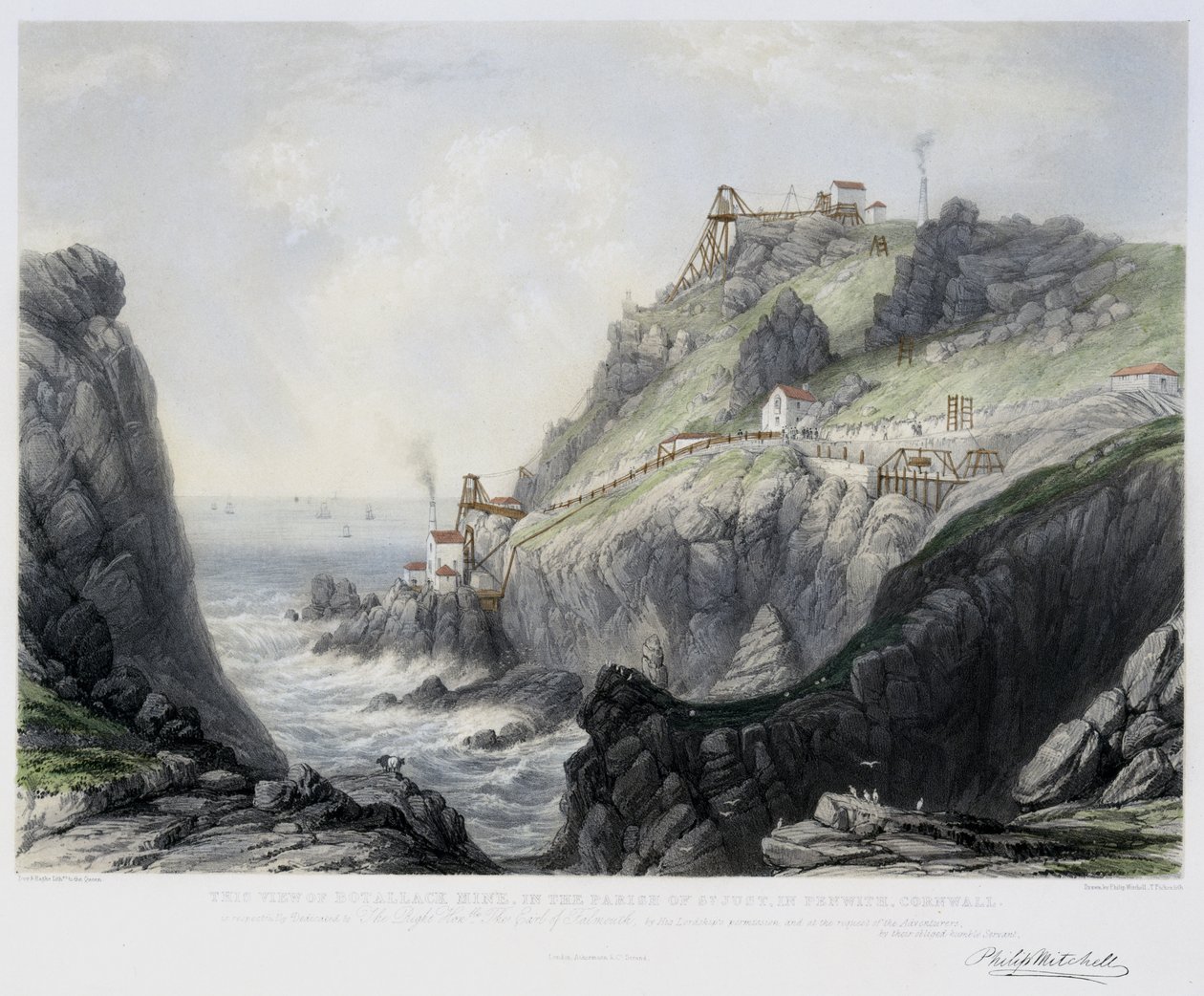 La vista della miniera di Botallack, nella parrocchia di St. Just in Penwith, Cornovaglia, inciso da Thomas Picken (m.1870) 1840 da Philip after Mitchell