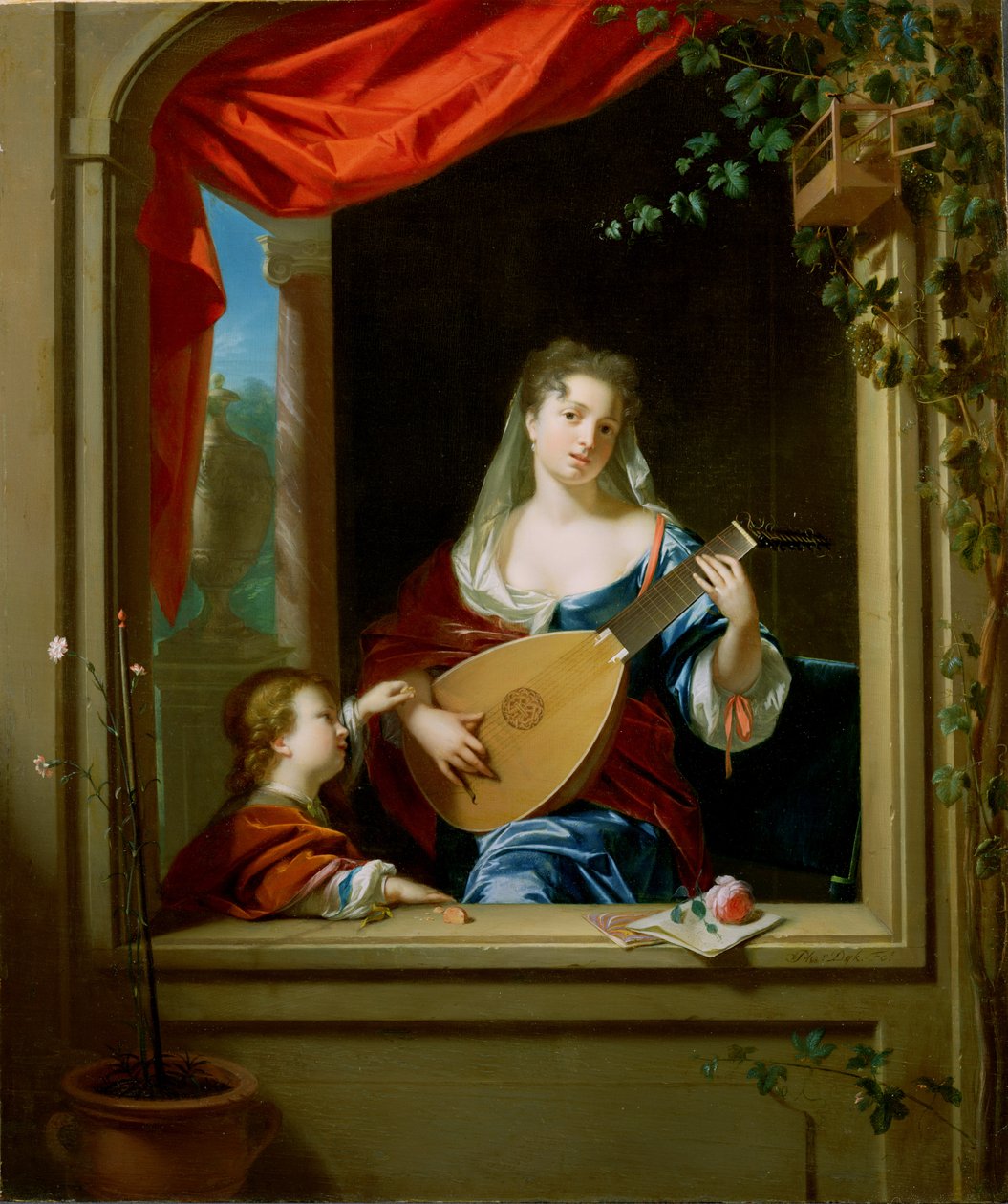 Elegante signora che suona il liuto alla finestra da Philip van Dyck