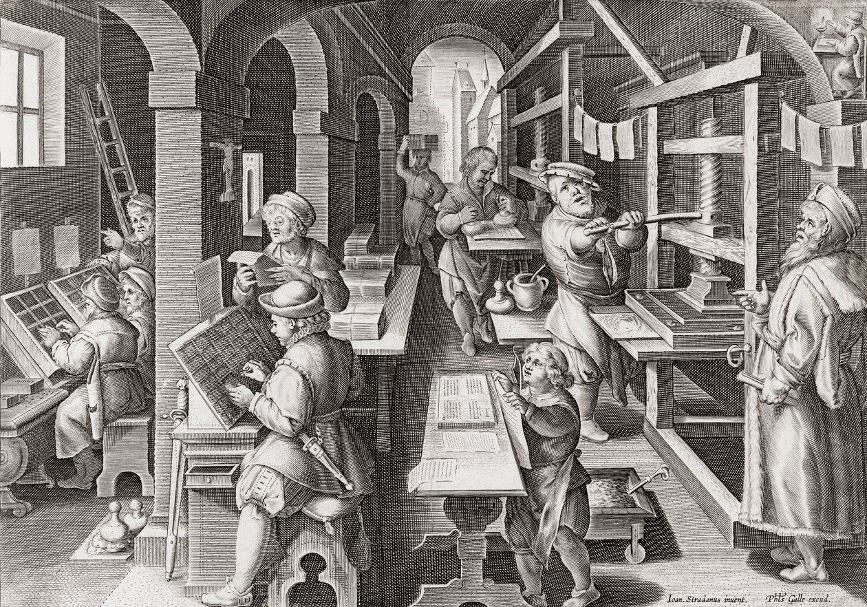 Una tipografia europea circa 1590 (incisione) da Philip (after) Galle
