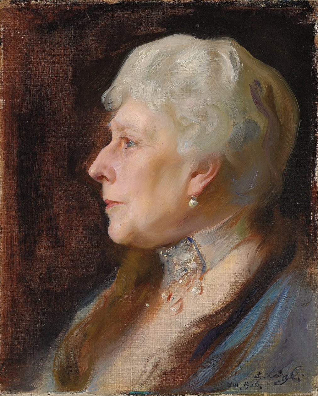 Ritratto della principessa Enrico di Battenberg, nata principessa Beatrice di Gran Bretagna, di profilo a sinistra, con collare e orecchini pendenti da Philip Alexius de Laszlo