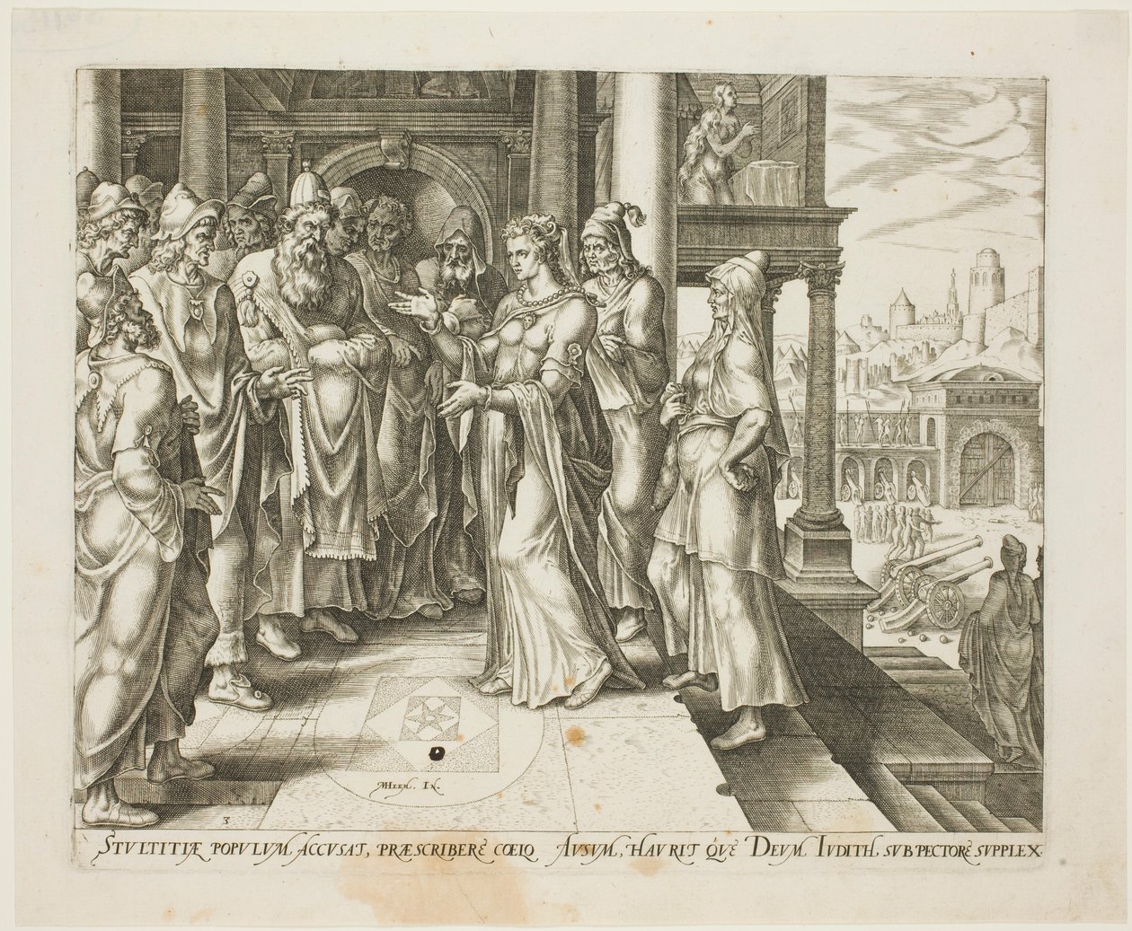Giuditta si rivolge agli anziani di Betulia, tavola tre da La storia di Giuditta e Oloferne da Philip Galle