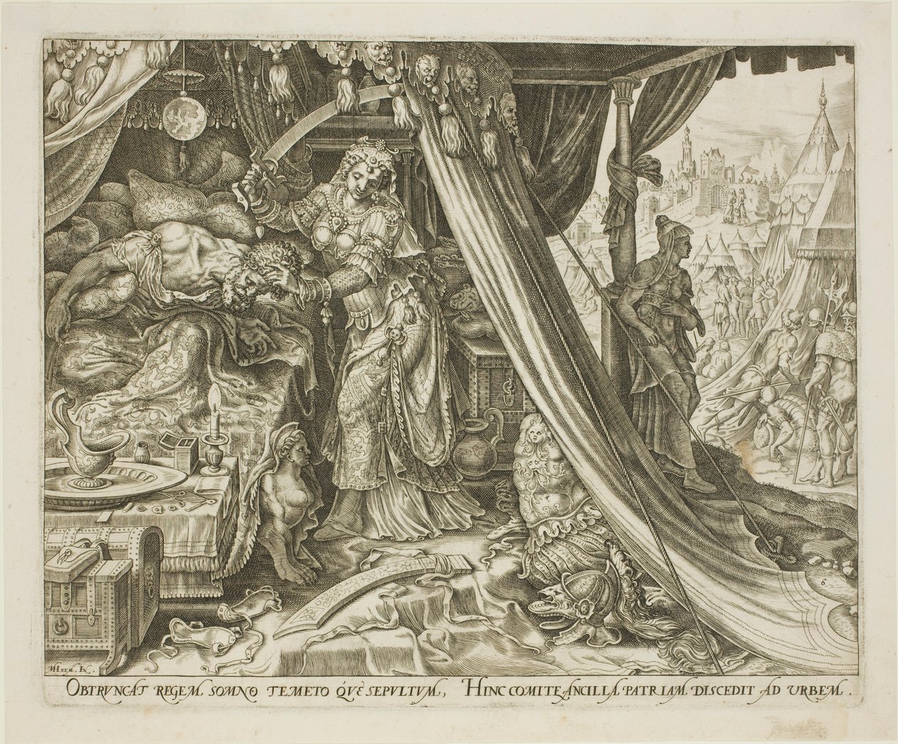 Giuditta che decapita Oloferne, tavola sei da La storia di Giuditta e Oloferne da Philip Galle