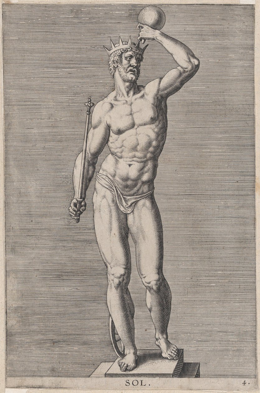 Apollo, statua del dio nudo in piedi su un piedistallo, con una corona e tenendo un... da Philip Galle