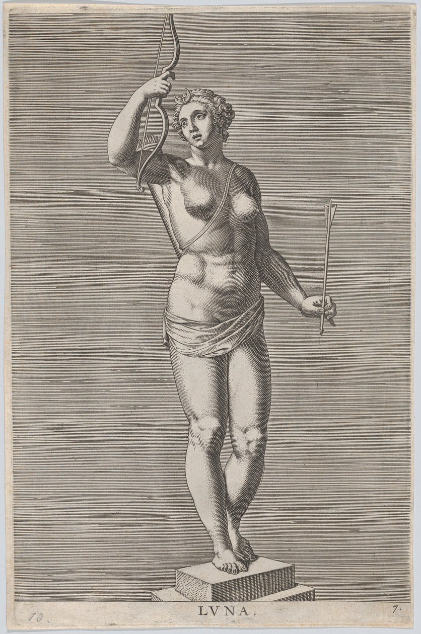 Piatto 7: Diana, statua della dea nuda in piedi su un piedistallo, con una luna crescente, 1586 da Philip Galle