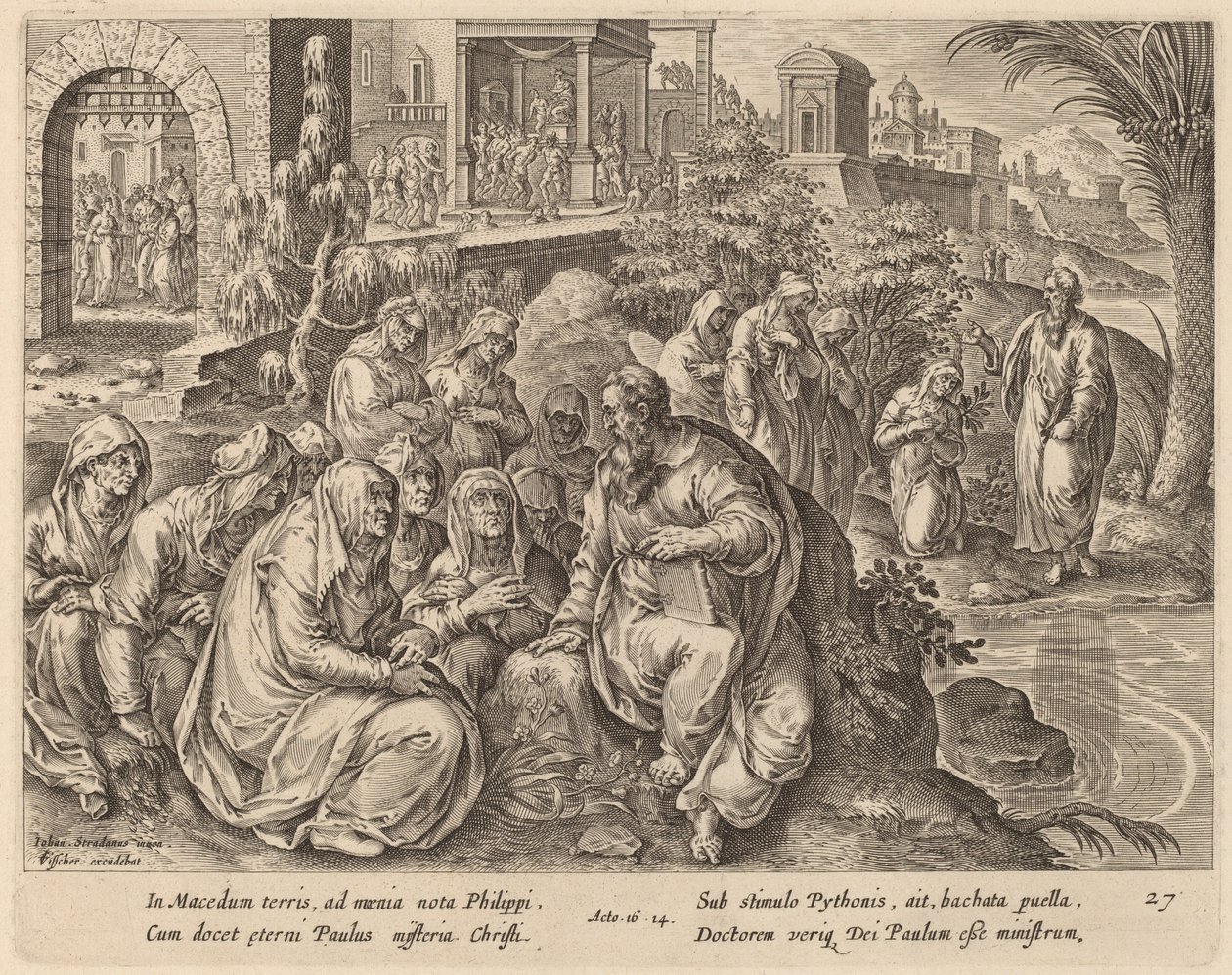San Paolo parla alle donne di Filippi presso un fiume da Philip Galle after Jan van der Straet
