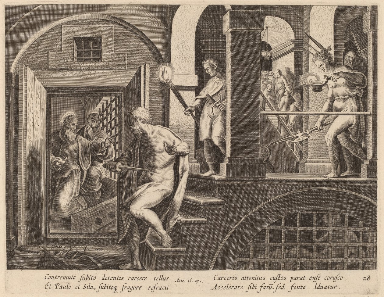 Il carceriere sta per uccidersi, convertito da San Paolo da Philip Galle after Jan van der Straet