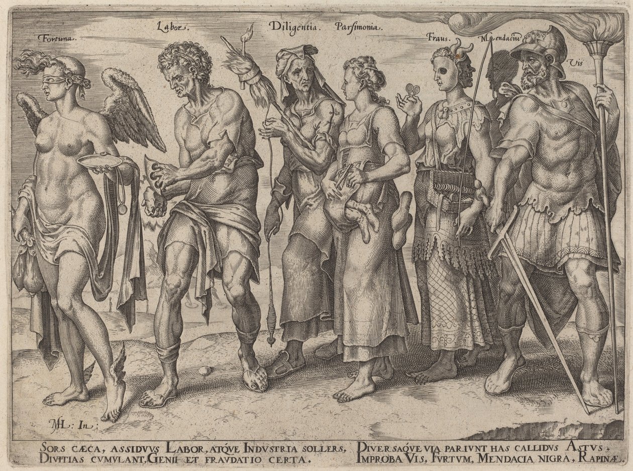 Fortuna, Labor, Diligantia, Parsimonia, Fraus (Modi onesti e disonesti di diventare ricchi) da Philip Galle, after Maerten van Heemskerck