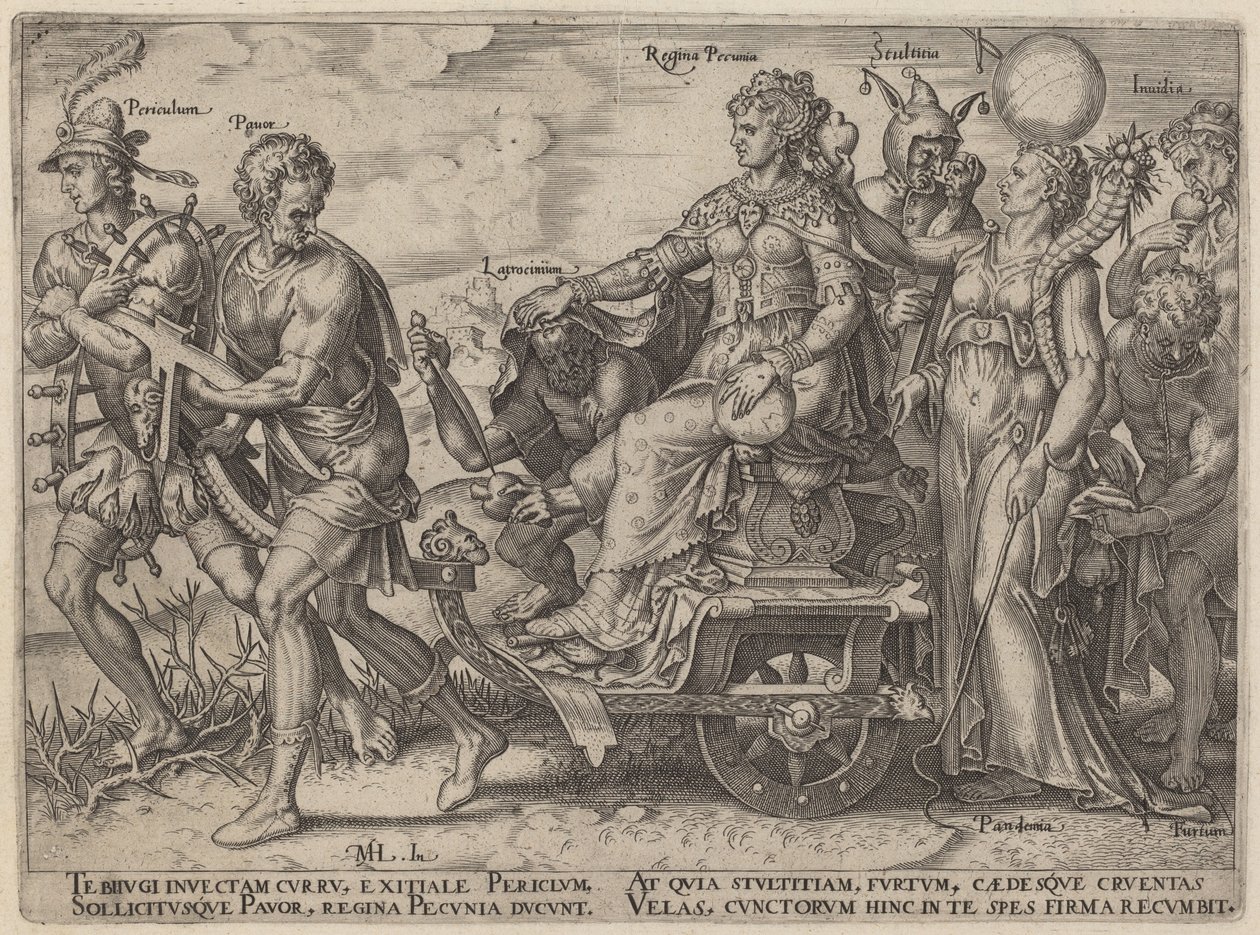 Periculum, Pauor, Latrocinium, Regina Pecunia, Stultitia, Invidia da Philip Galle, after Maerten van Heemskerck