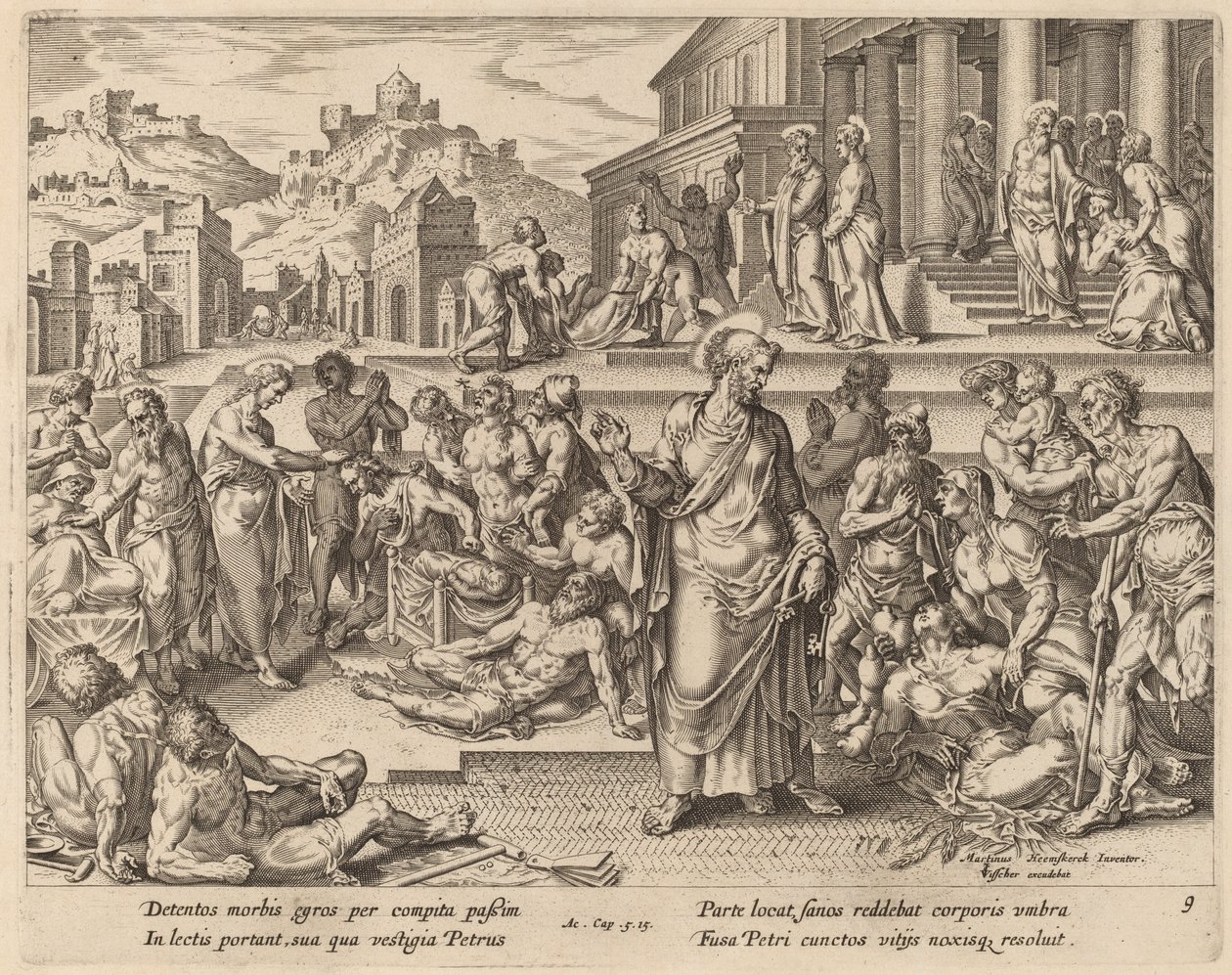 San Pietro guarisce i malati con la sua ombra da Philip Galle after Maerten van Heemskerck