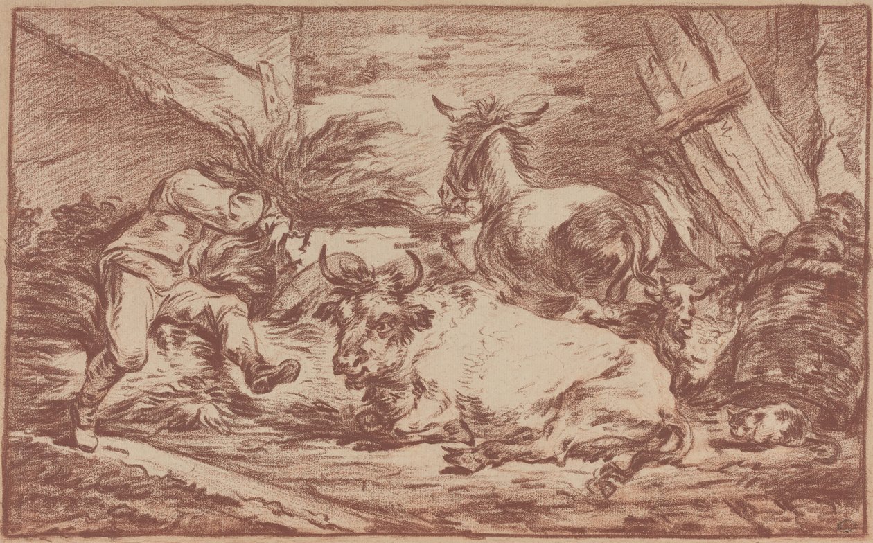 Animali in una stalla (gessetto rosso su carta vergata) da Philip James de (1740-1812) Loutherbourg