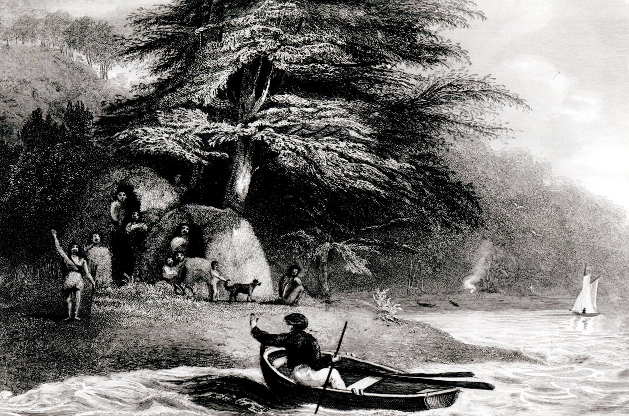 Capanni Fuegiani a Hope Harbour nel Canale di Magellano, inciso da S. Bull da Philip Parker King