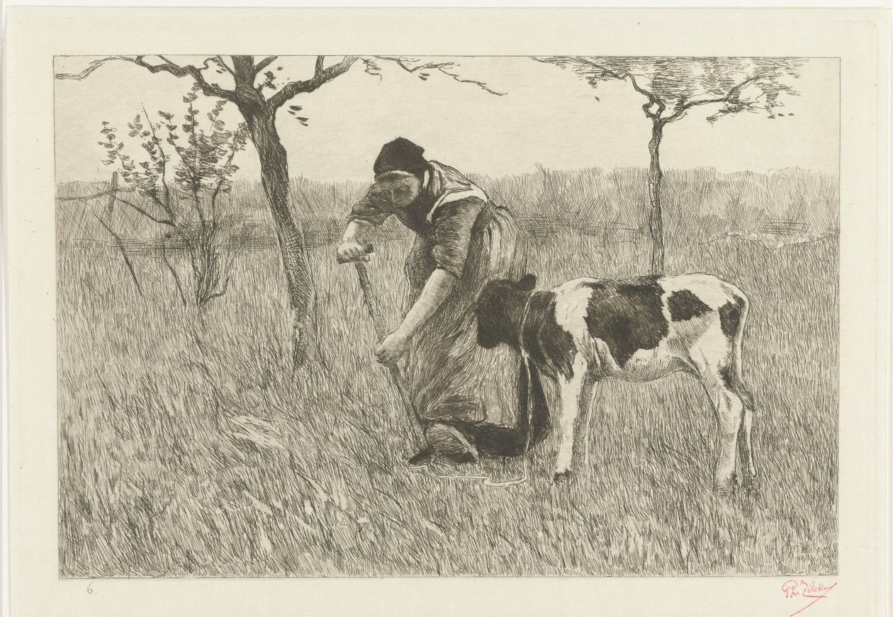 Contadina che scava vicino a un vitello da Philip Zilcken (signed by artist)