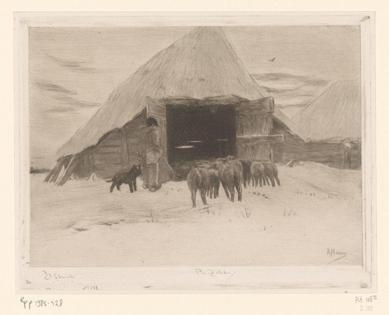 Herder leidt een kudde schapen een schuur in da Philip Zilcken (signed by artist)