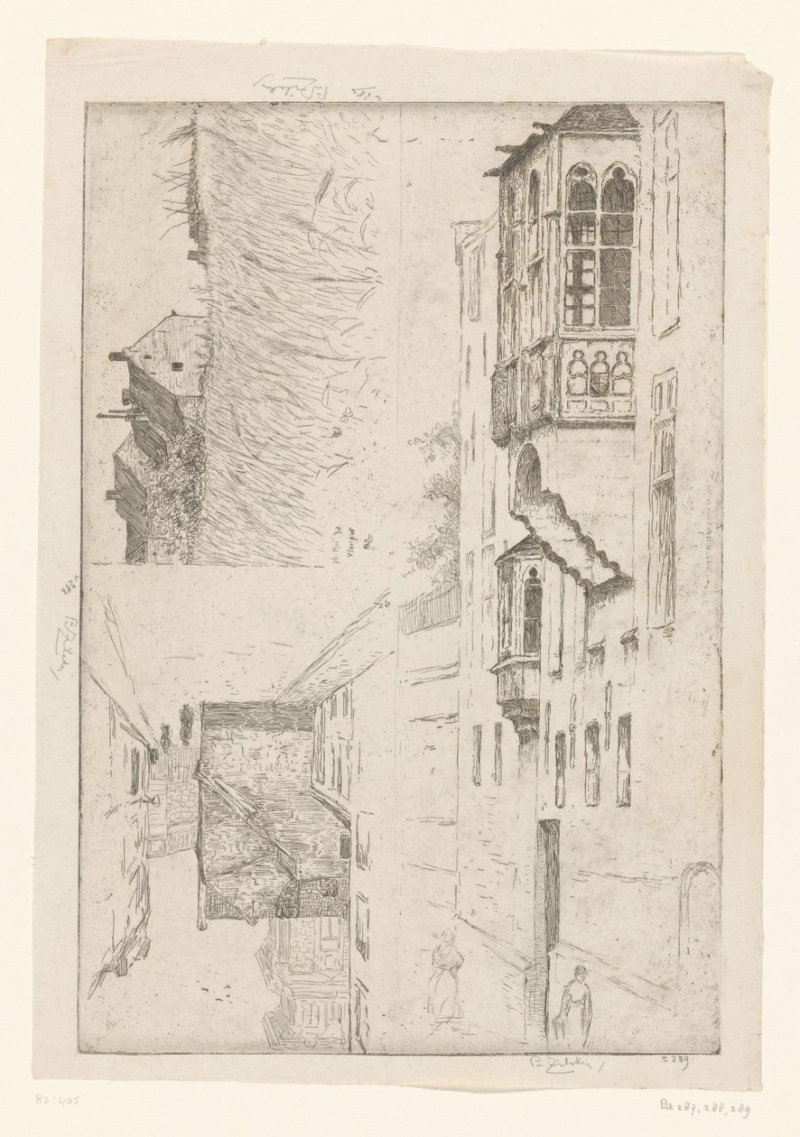 Campo di grano con case e due vedute di case in una città da Philip Zilcken (signed by artist)