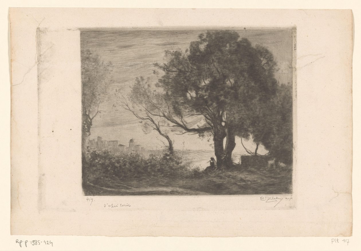 Paesaggio con flautista sotto un albero e silhouette di una città da Philip Zilcken (signed by artist)