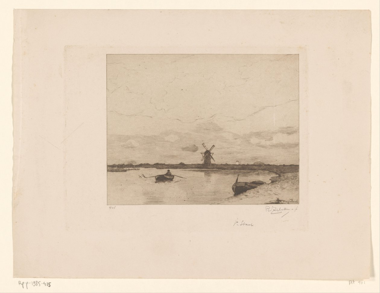 Canale con barca a remi in paesaggio di campagna con mulino da Philip Zilcken (signed by artist)