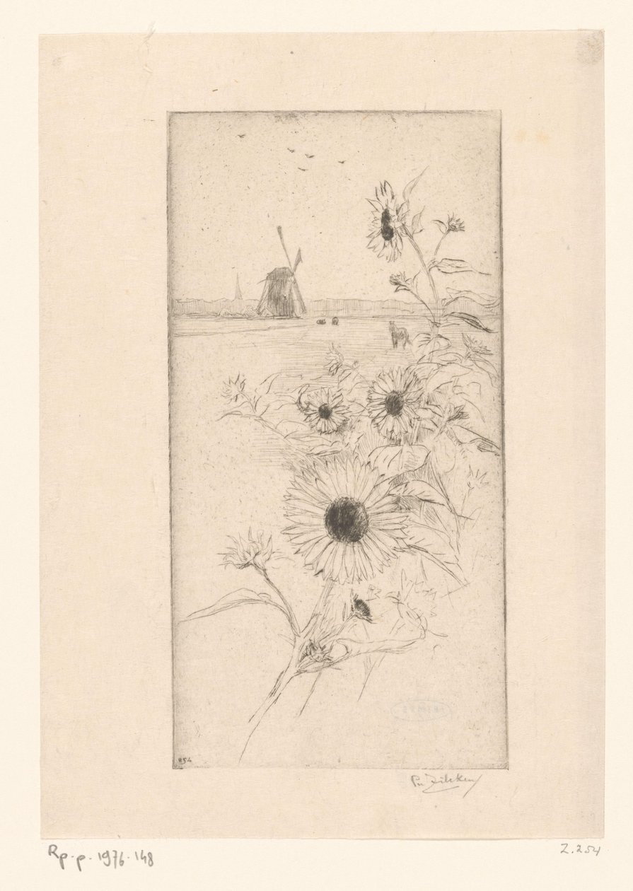 Girasoli davanti a un paesaggio di campagna con cavalli e mulino da Philip Zilcken (signed by artist)
