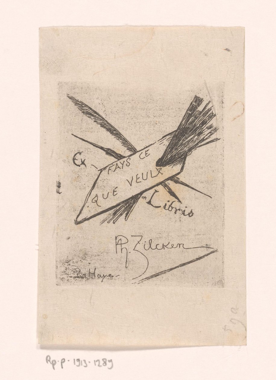 Ex libris con penne, pennelli e tavolozza da Philip Zilcken
