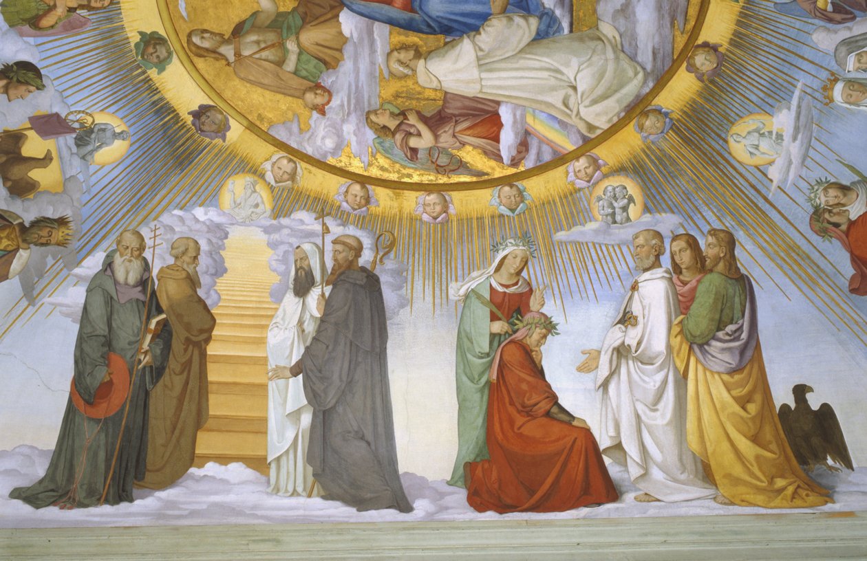 Volta della stanza di Dante (dettaglio): Dante, Beatrice, Imperatrice Costanza, la Clarissa Piccarda Romeo da Villanova e l