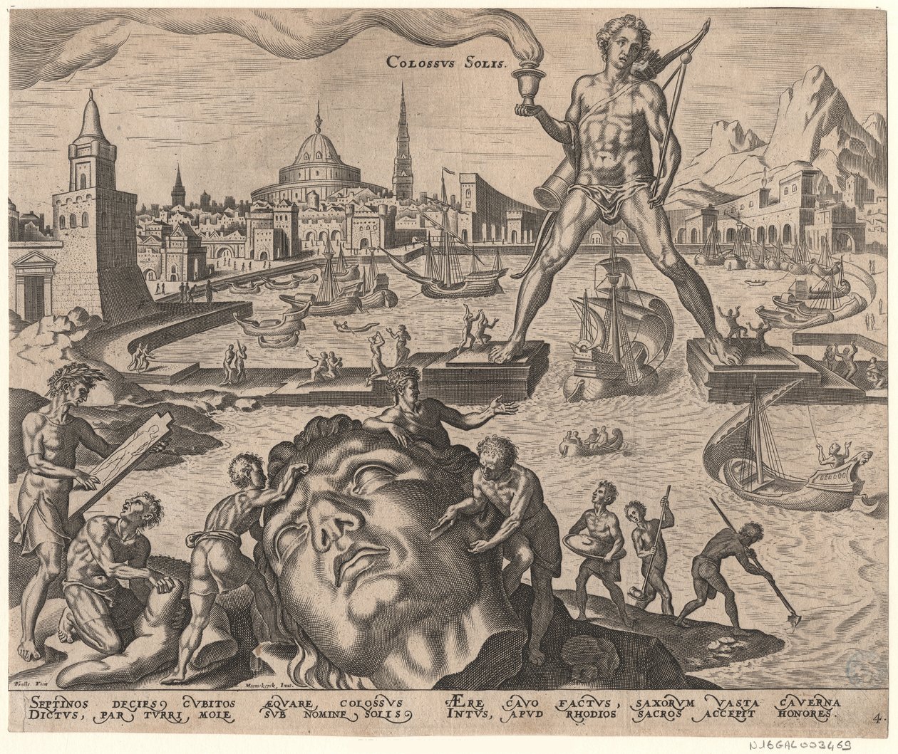 Il Colosso di Rodi dalla serie Le ottave meraviglie del mondo dopo Maarten van Heemskerck da Philipp Galle