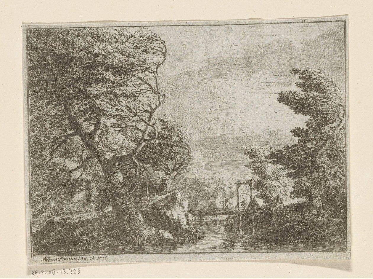 Paesaggio tempestoso con alberi vicino a un ponte su un fiume da Philipp Hieronymus Brinckmann