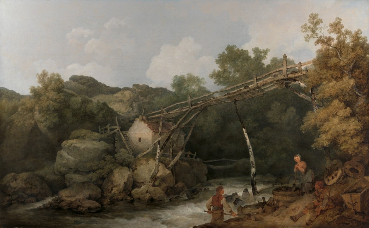 Una vista vicino a Matlock, Derbyshire con figure che lavorano sotto un trasportatore di legno da Philippe-Jacques de Loutherbourg