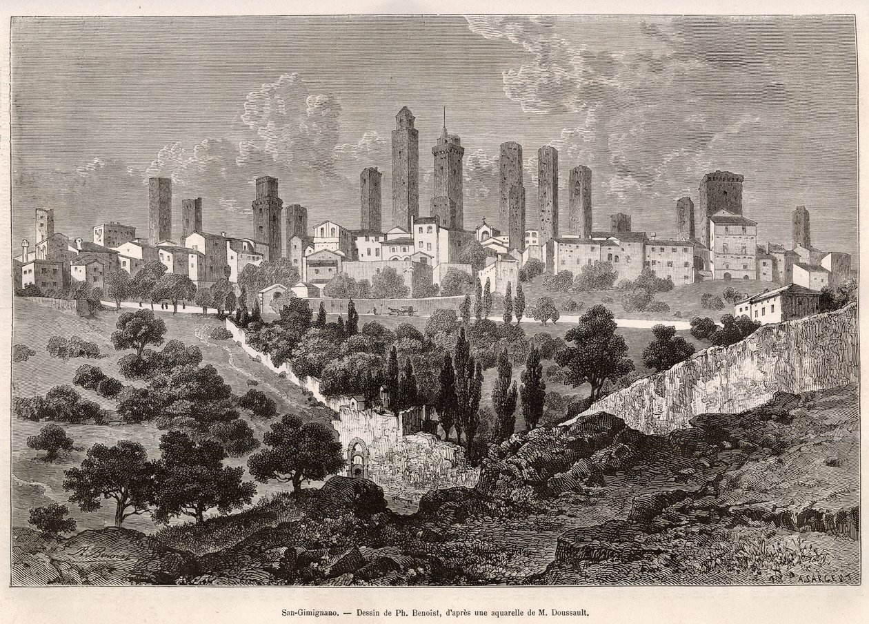 Veduta di San Gimignano (Toscana, Italia). Incisione dal disegno di Ph. Benoist, per illustrare il viaggio in Toscana e Umbria, di Francis Wey, nel 1875, pubblicato in "Le tour du monde" 1876, a cura di Edouard Charton, edizione Hachette, Parigi. Selva da Philippe Benoist