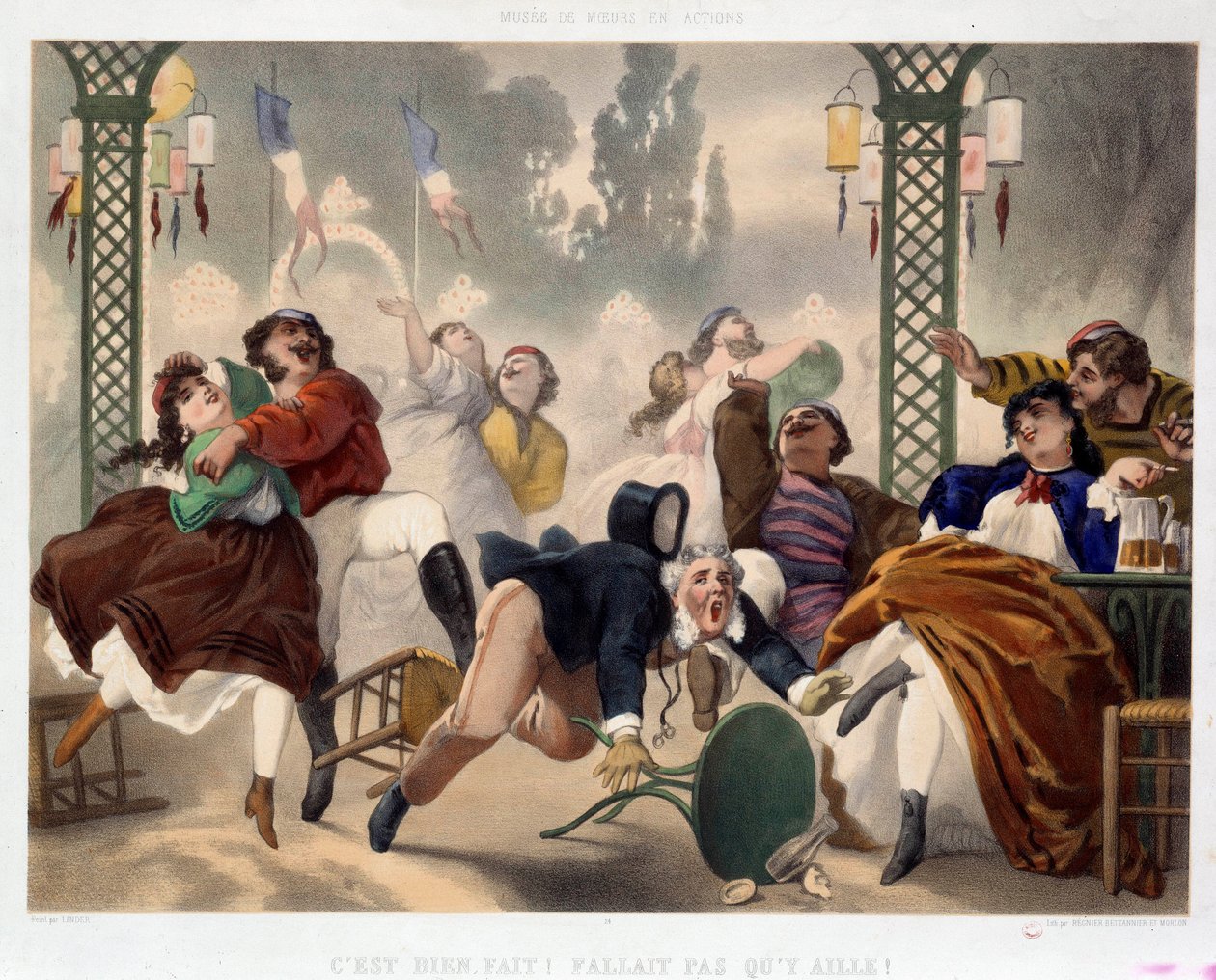 Il casinò di Asnières È ben fatto non doveva andare lì Scena di intrattenimento popolare, un uomo inciampa in uno sgabello e cade in mezzo alla pista da ballo. Litografia di Philippe Jacques Linder (1835-?) da Philippe Jacques Linder