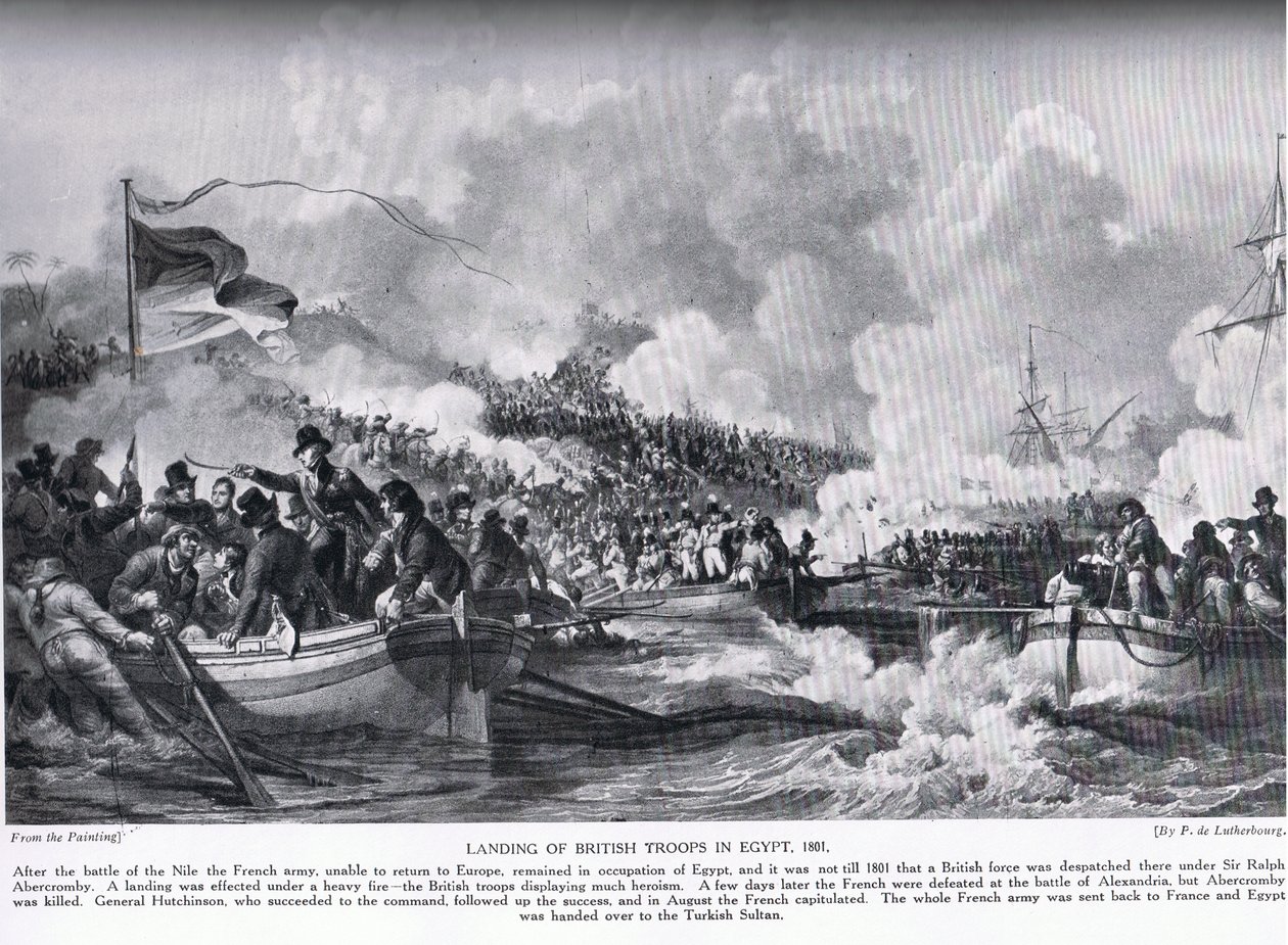 Lo sbarco delle truppe britanniche in Egitto nel 1801, illustrazione da 