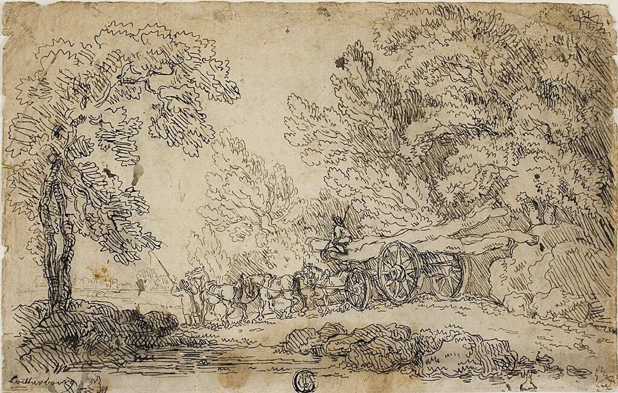 Trasporto di tronchi in una foresta (recto); schizzi di persone in varie attività (verso) da Philippe Jacques de Loutherbourg II
