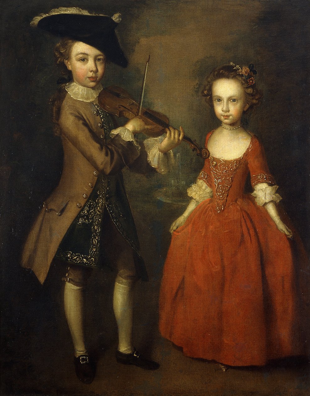 I Bambini Archbold: Ritratto di Gruppo di un Bambino, a Figura Intera che Indossa un Cappotto Beige, Gilet Ricamato in Oro Blu Scuro e Cappello a Tre Punte e che Suona un Violino, e sua Sorella, a Figura Intera, che Indossa un Vestito Rosso, con Fiori nei  da Philippe Mercier