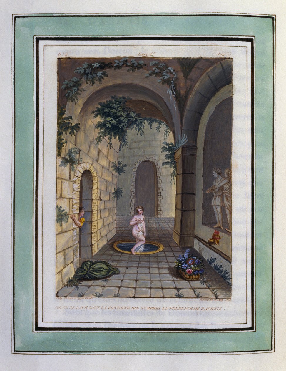 Chloe si lava nella fontana delle ninfe in presenza di Daphnis. Disegno di Philippe d
