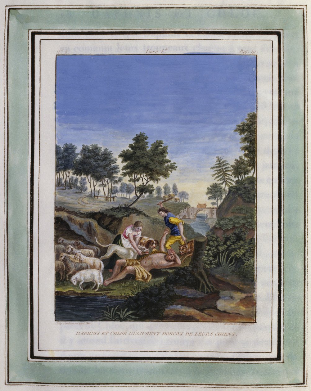 Dafni e Cloe liberano Dorcon dai loro cani. Disegno di Philippe d