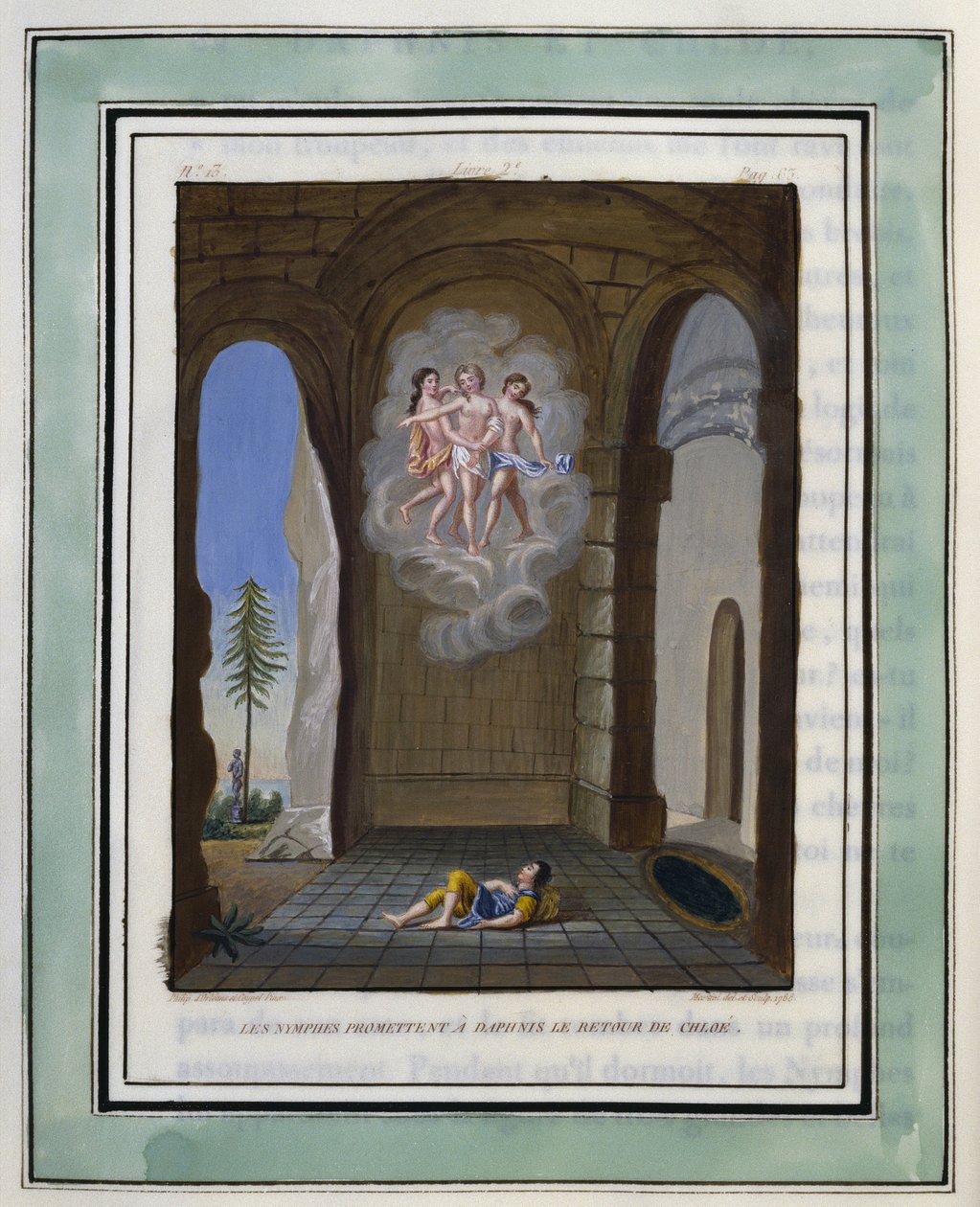 Le ninfe promettono a Daphnis il ritorno di Chloe. Disegno di Philippe d