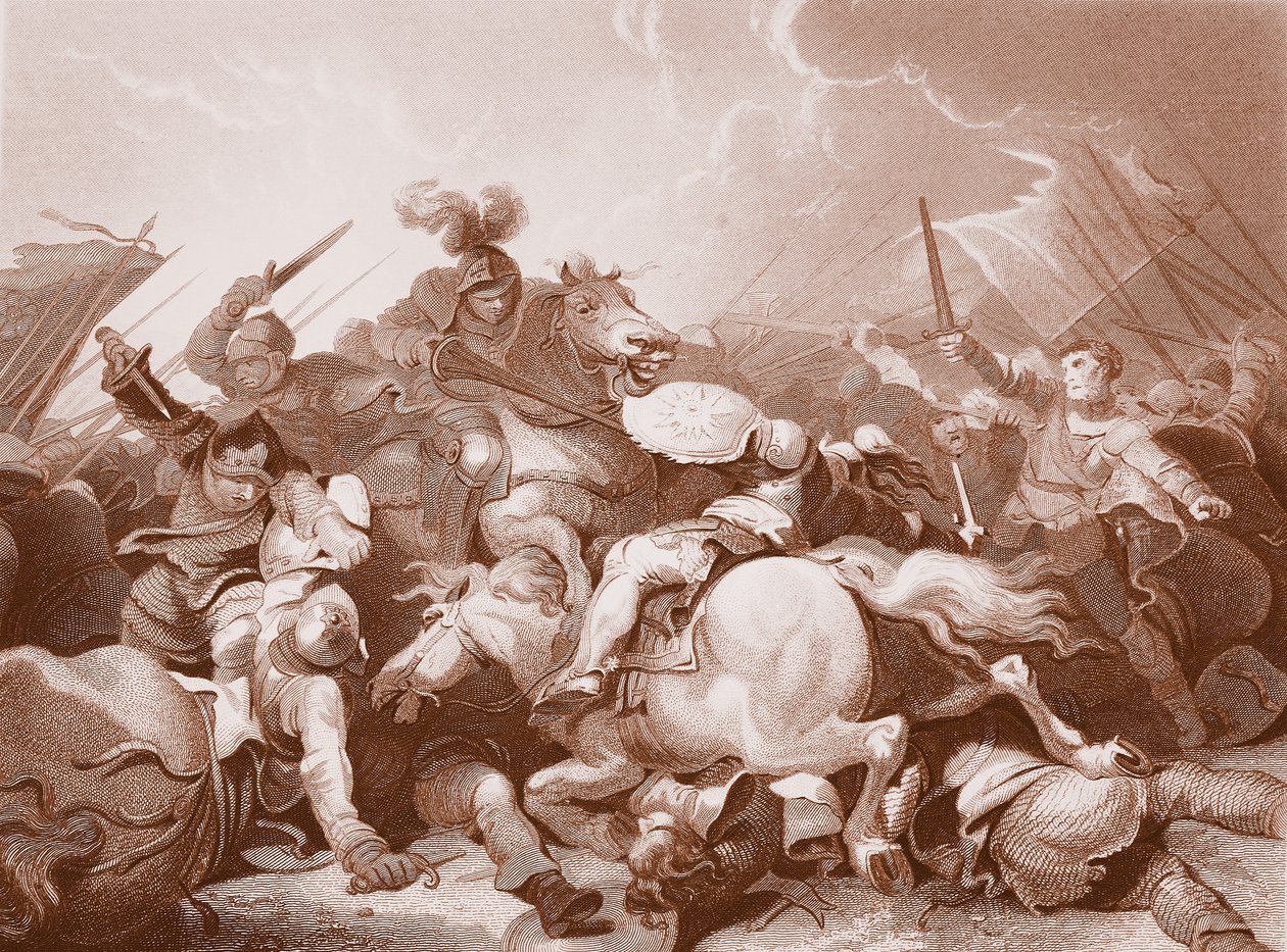 Battaglia di Bosworth Field, inciso da A.H. Payne da Philippe de (after) Loutherbourg