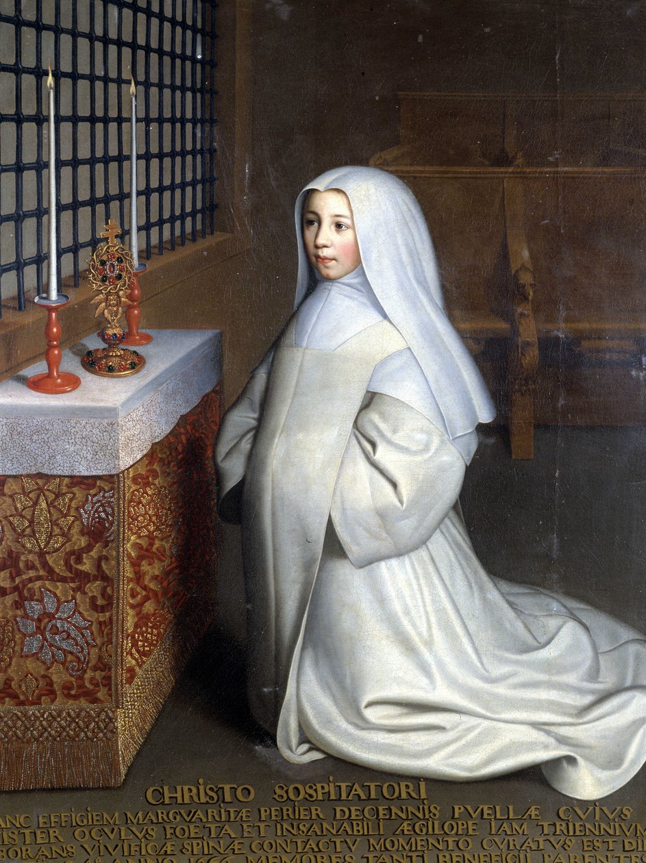 Ritratto di Marguerite Périer, reclusa del convento di Port Royal des Champs e nipote di Pascal ("A Cristo Salvatore: Marguerite Périer, una bambina di 10 anni il cui occhio sinistro è stato guarito a contatto con la spina rinvigorente") da Philippe de (attr. to) Champaigne