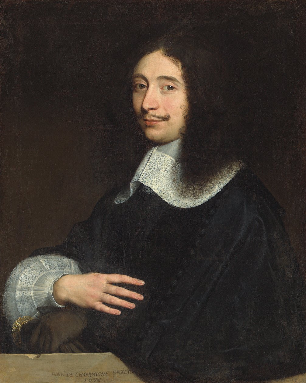 Ritratto di un gentiluomo, tradizionalmente identificato come Noël de Bullion, mezzo busto, in nero con colletto e manica di pizzo, i suoi guanti nella mano sinistra, 1656 da Philippe de Champaigne