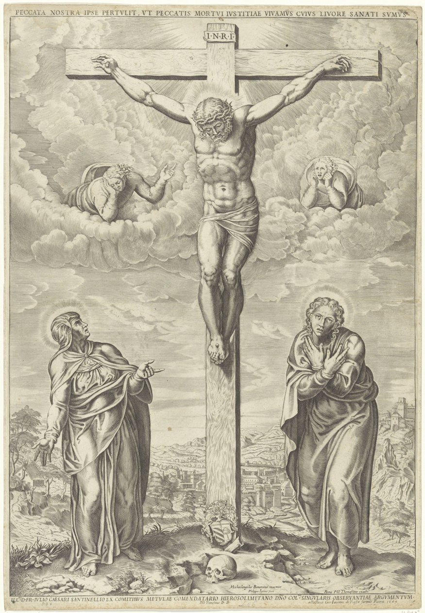 Cristo sulla croce affiancato da Maria e Giovanni in un paesaggio da Philippe de Soye