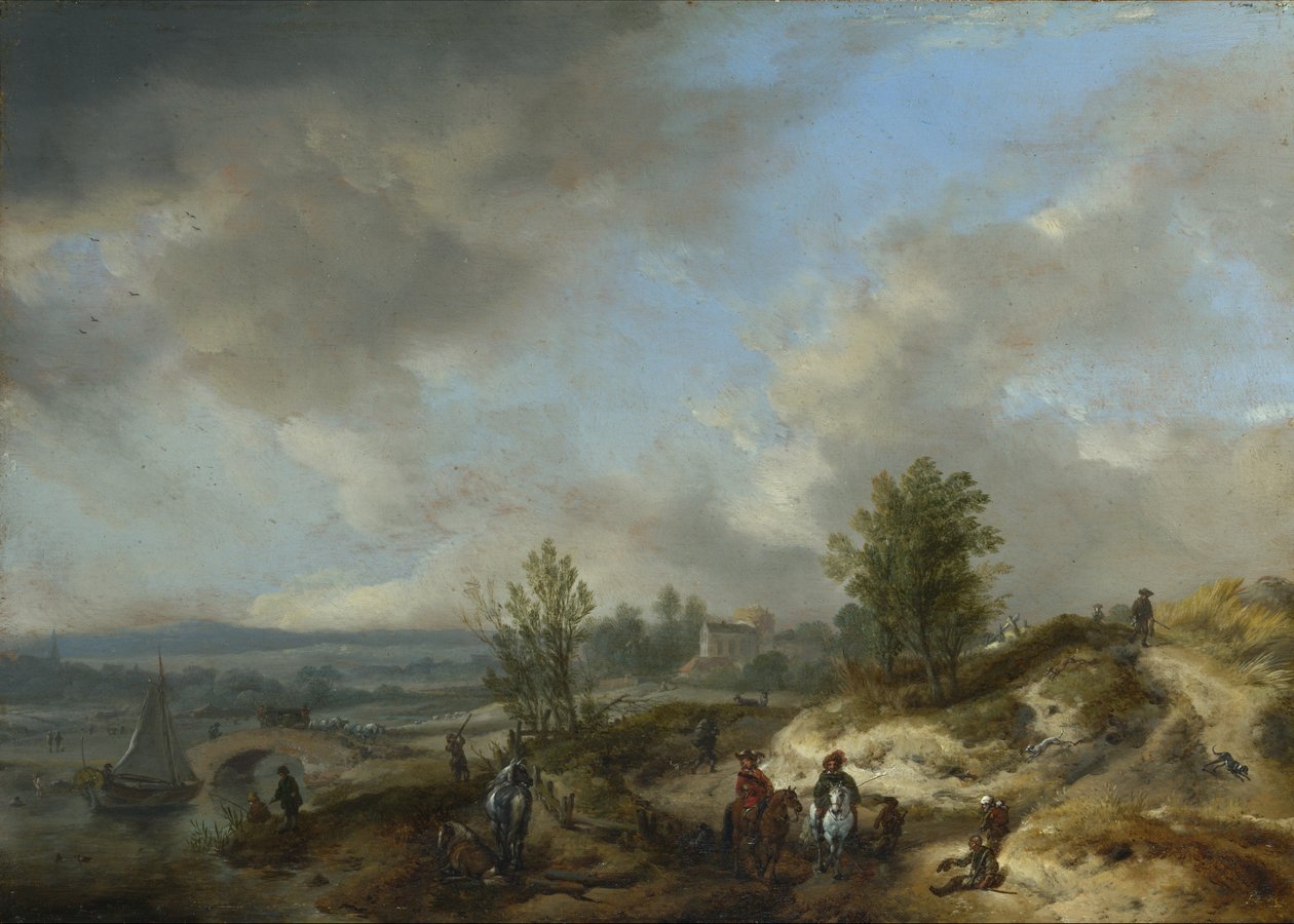 Paesaggio dunale con fiume e molte figure da Philips Wouwerman