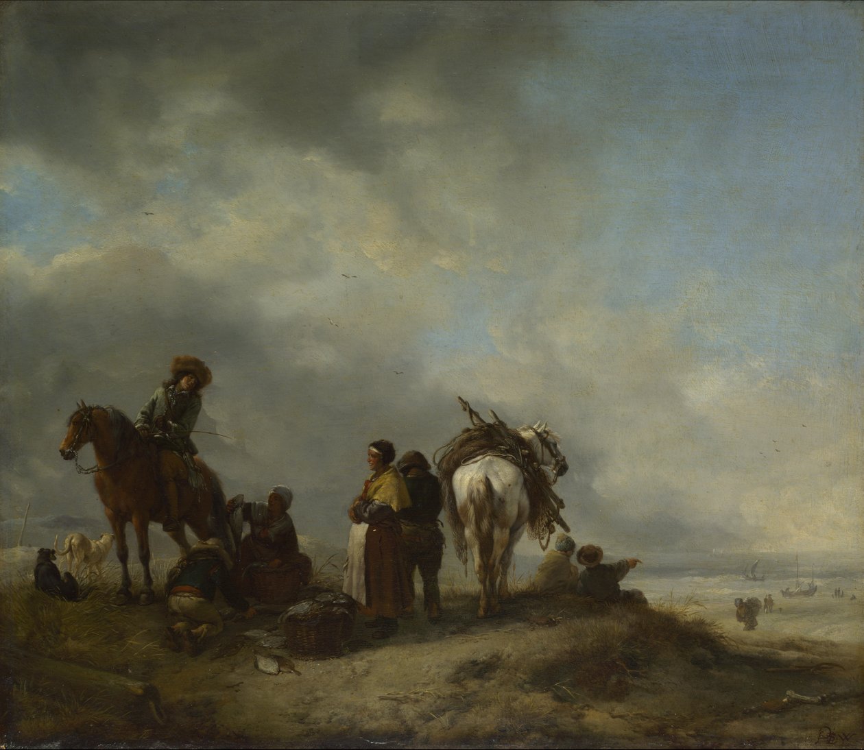 Veduta di una spiaggia con pescivendole che offrono pesce a un cavaliere da Philips Wouwerman