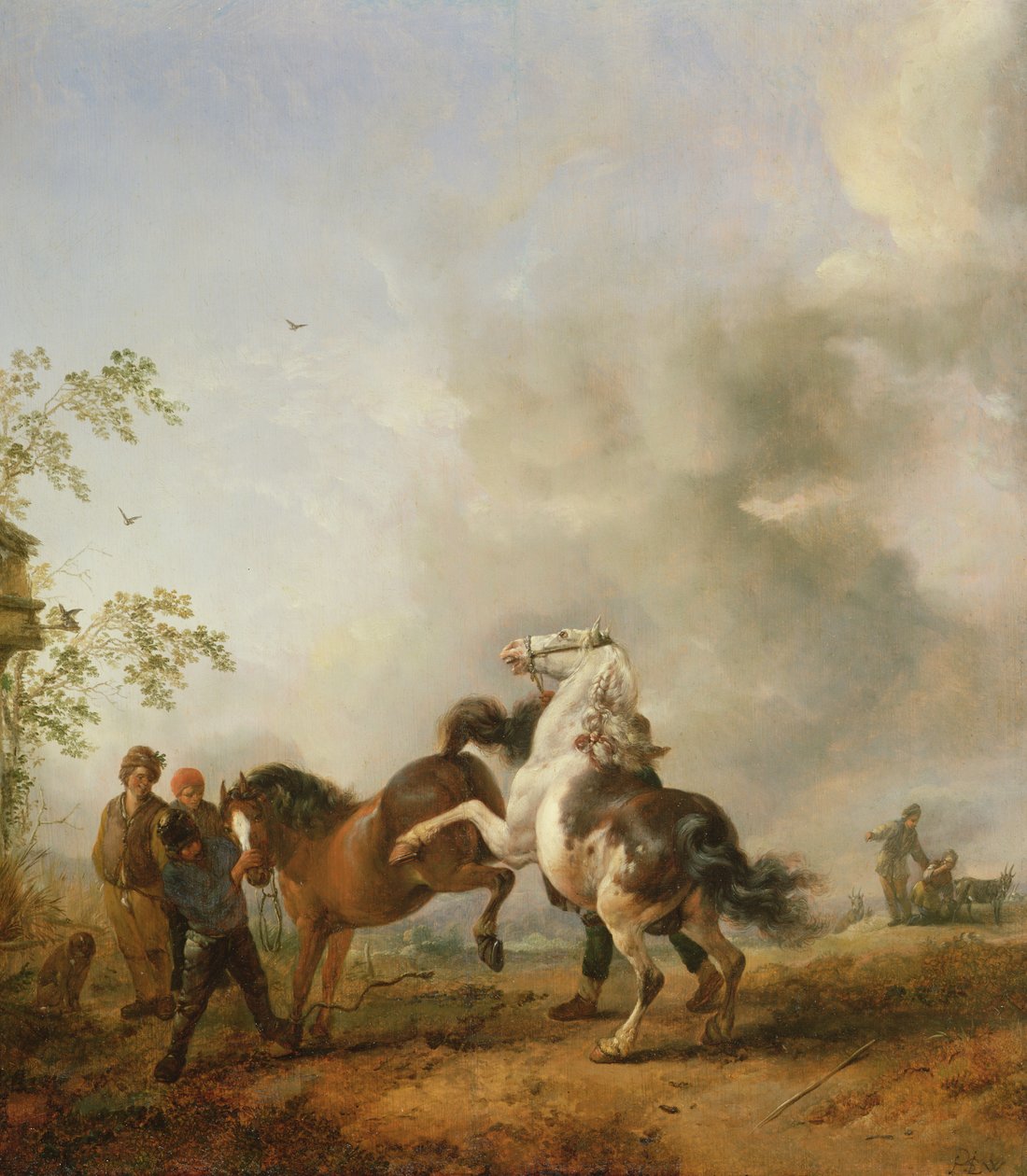 Una giumenta e uno stallone davanti a una casa da Philips Wouwerman