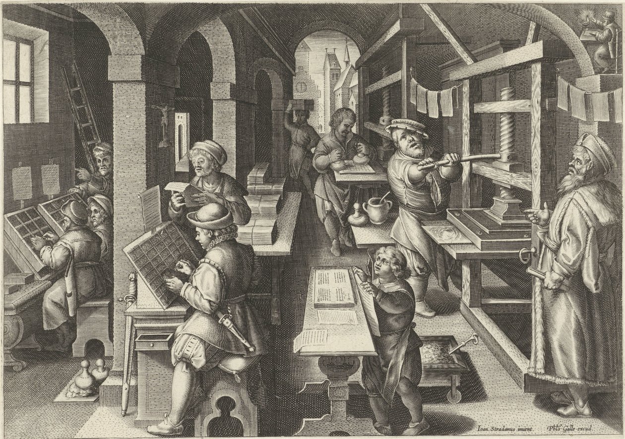 Stampa di libri (serie: Nuove invenzioni e scoperte) da Philips Galle (attributed to workshop of)