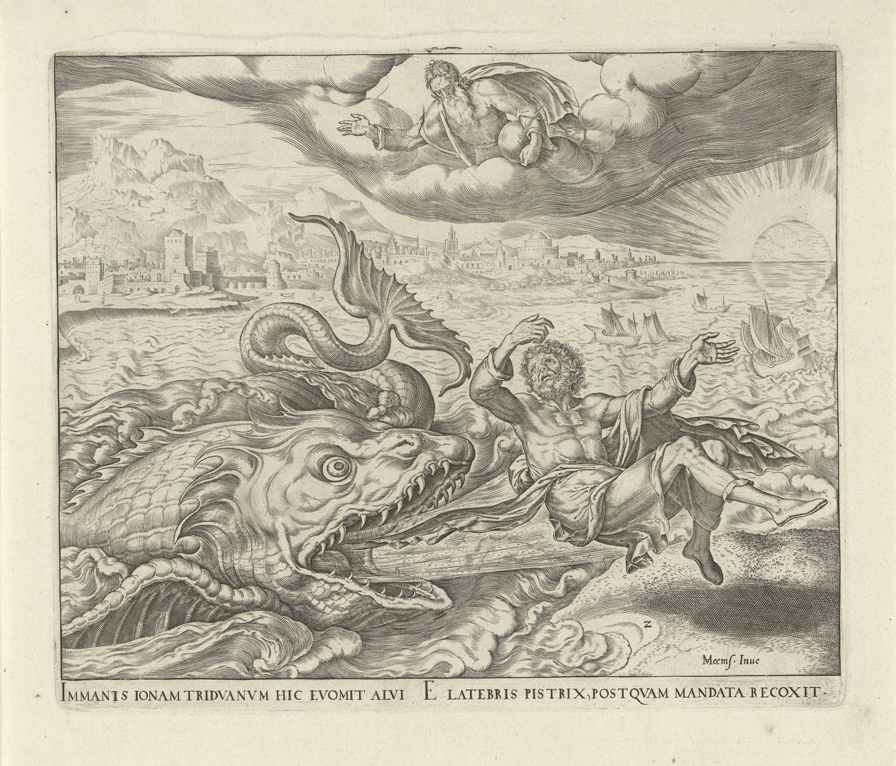 Il pesce vomita Giona sulla terra da Philips Galle
