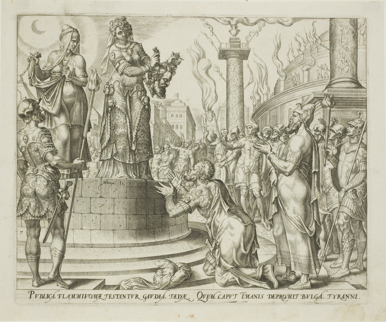 Giuditta che mostra la testa di Oloferne al popolo di Betulia, tavola sette da La storia di Giuditta e Oloferne da Philips Galle