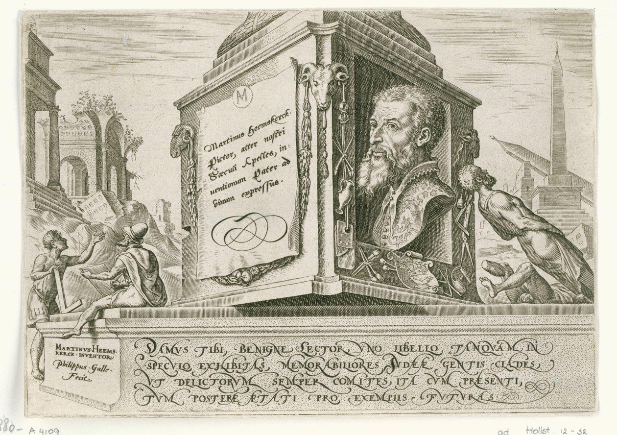 Ritratto di Maarten van Heemskerck sul piedistallo di una colonna da Philips Galle