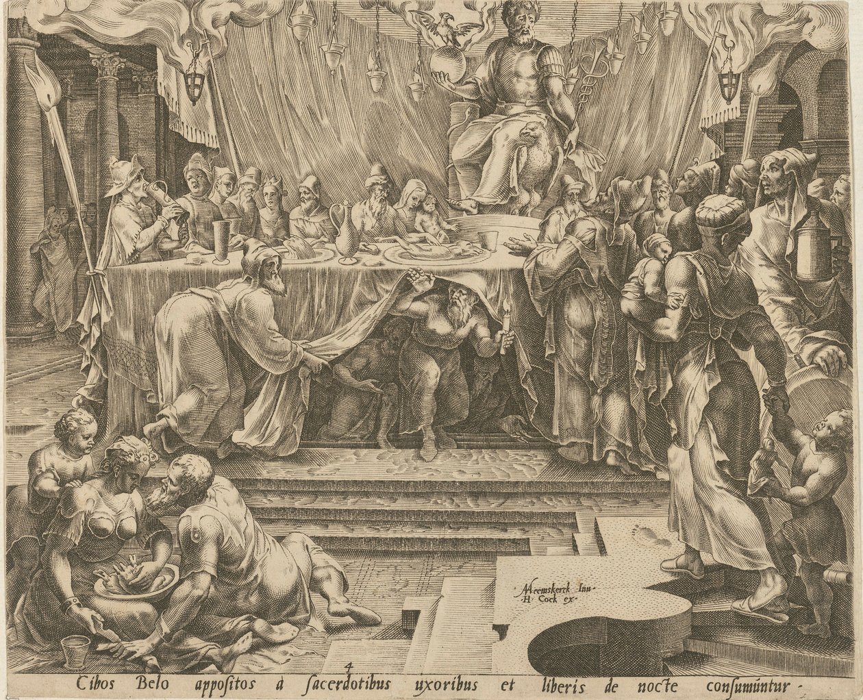I sacerdoti di Bel mangiano e bevono nel tempio [foglio 4] e Daniele dà da mangiare al drago [foglio 7], fogli 4 e 7 della serie "La storia di Daniele, Bel e il drago" da Philips Galle